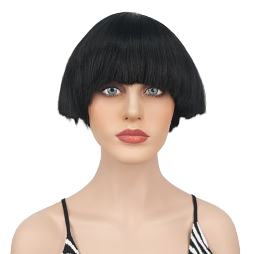 Wiginway Black Bowl Cut Costume Wig, Mushroom Cut Wigs for Male Women, Short Yaki Straight Fluffy Wigs