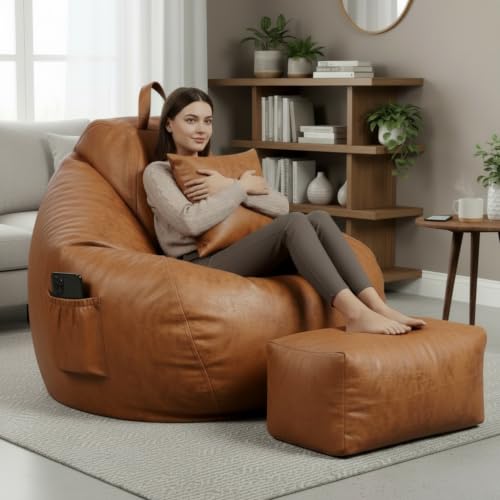 Image of KAM'S LIEU 5XL Premium Imported Suede Bean Bag Chair with Footrest & Cushion | Filled with High Density Polystyrene Beans | Premium Soft Fabric | Ready to Use Color- (TAN, 5XL)