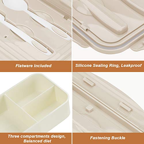 BIBURY Lunch Box, Leakproof Bento Box for Kids Adults, Food Container with 3 Compartments and Cutlery Set, BPA Free, Microwave and Dishwasher Safe Meal Prep Containers - Khaki