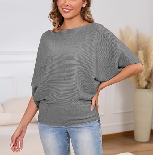 Image of MAKARTHY Womens Batwing Sleeves Knitted Dolman Pullovers Boat Neck Tops Sweatershirts