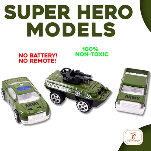 Image of Toy Cloud Free Wheel Die-Cast Metal Military Vehicle Set of 3, 1:64 Scale Model Vehicles Toys (Armored Truck, Pick-Up Truck, and Sports Car)