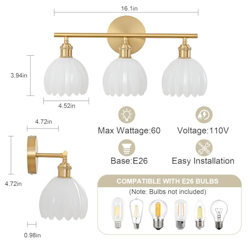 Image of Gold Bathroom Light Fixtures Over Mirror, 3 Light Bathroom Vanity Light with Tulip Milk White Glass Lampshade, Vintage Vanity Lights for Bathroom, Bathroom Vanity Lights Over Mirror