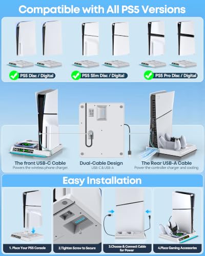 Image of PS5 /Slim /Pro Cooling Station, PS5 Stand with Wireless Phone Charger & DualSense & Edge Controller Dock, 2.5H Fast Charging Base for 2 Controllers, 3‑Speed Fan, 9-Color RGB PS5 Vertical Stand