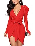 Rooscier Women's Wrap Deep V Neck Puff Long Sleeve Belted Sexy Club Bodycon Mini Dress Red Large