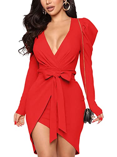Rooscier Women's Wrap Deep V Neck Puff Long Sleeve Belted Sexy Club Bodycon Mini Dress Red Large #TOP20