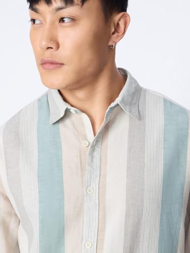 Image of The Souled Store Cotton Linen Stripes: Prism Men and Boys Long Sleeve Collared Neck Button Front Regular Fit Cotton Linen Shirt