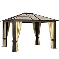 Outsunny 10' x 12' Hardtop Gazebo Canopy with Polycarbonate Roof, Aluminum Frame, Permanent Pavilion Outdoor Gazebo with Netting, for Patio, Garden, Backyard, Deck, Lawn, Black, Beige