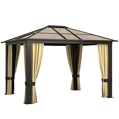 Outsunny 10' x 12' Hardtop Gazebo Canopy with Polycarbonate Roof, Aluminum Frame, Permanent Pavilion Outdoor Gazebo with Netting, for Patio, Garden, Backyard, Deck, Lawn, Black, Beige