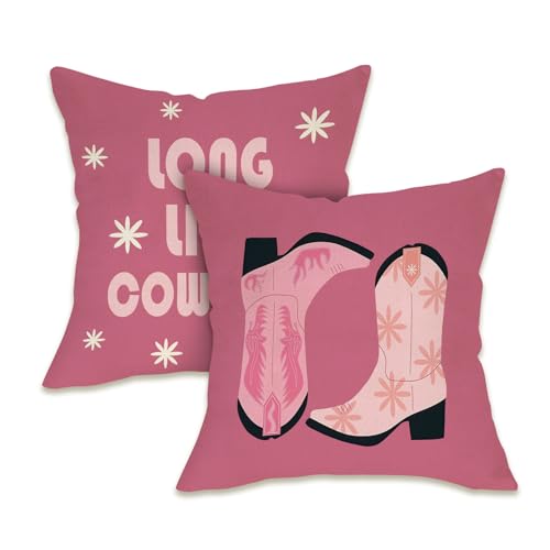 Fahrendom Pink Western Long Live Cowgirls Decorative Throw Pillow Covers 18 x 18 Set of 2, Coquette Cowboy Cowgirl Boots Pillowcase, Sofa Couch Cushion Case Home Decor Gifts for Women Girls Teens