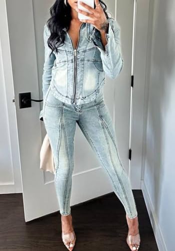 LKOUS Women's Sexy Denim 2 Piece Set,Long Sleeve Crop Jacket and Bodycon Jeans Set with Pockets4