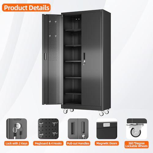 SUXXAN Metal Storage Cabinet with Wheels and Pegboard, 71" Tall Industrial Heavy Duty Steel Cabinet with 5 Adjustable Shelves & Locking Doors for Garage, Office, Pantry, Warehouse, Black - Image 5