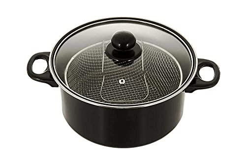 Image of Fryer Deep Fat Frying Basket Pot (22 cm) with Glass Lid-Manual Deep Fryer, Steamer and Cooker French Fries Pot Non Stick Fry Stir Fry Pan with Lid