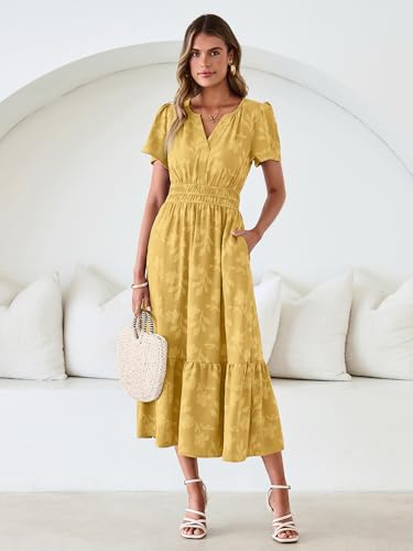 Image of Simplee Womens Summer Boho Maxi Dress Semi Formal Wedding Guest Short Sleeve V Neck Empire Waist Floral Long Dresses