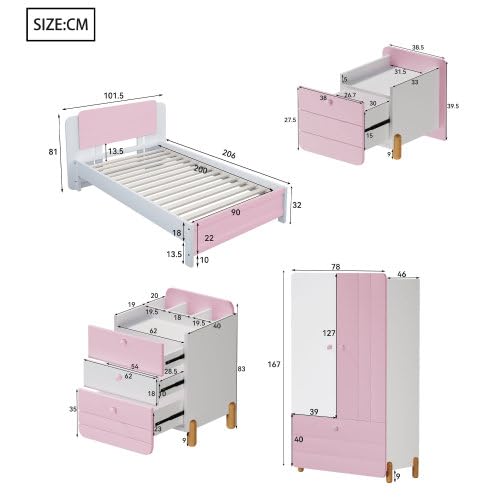 Dolamaní Juego completo de muebles para habitación juvenil, cama individual de 90 x 200 cm, mesita de noche con 3 cajones, 1 cajón, armario, cama, para niños y niñas (rosa)