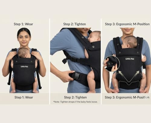 Image of Little Pea All-Day Baby Carrier | Premium Cotton Canvas | Ergonomic Structured Support | All-Day Comfort for Indoor & Outdoor Use | 3-18 kg (3-36 Months) | Black