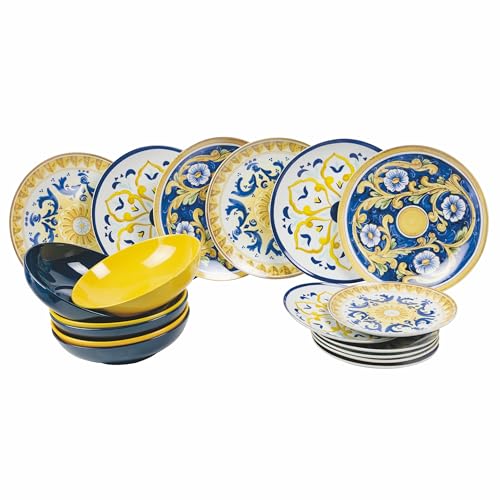 Servizio piatti 18 pezzi in porcellana e gres, 6 posti tavola diversi, Sicilia