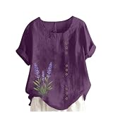 Camicia da donna in mussola, oversize, alla moda, con stampa floreale, in lino, estiva, scollo rotondo, a maniche corte, con bottoni decorativi, maglietta a maniche lunghe, M – 5XL, viola., 4X-Large