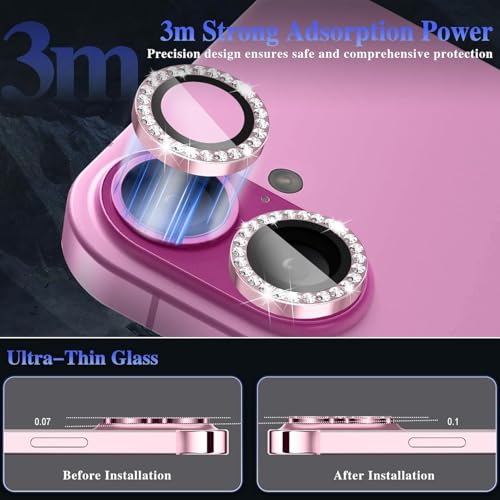 Image of Diamond Camera Lens Protector for iPhone 16 & iPhone 16 Plus Pink HD Clear 9H Hard Tempered Glass Camera Cover Waterproof Easy Install Full Camera Protection Anti Drop Case Friendly Luxury Shiny Diamond Design