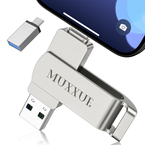 MUXXUE MFi 256GB Pendrive 3 en 1 para iPhone, 1Pad,Android, Mac y PC,Memoria Externa USB 3.0 / USB C/iOS, Pen Drive iPhone Memoria USB para Fotos y Vídeos, Sin Necesidad de App