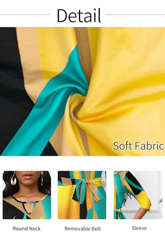 Image of CLOCOR Midi Dresses for Women Casual A-Line Fit and Flare Dress Crewneck 3 /4 Sleeve Keyhole Cocktail Party Church Dress