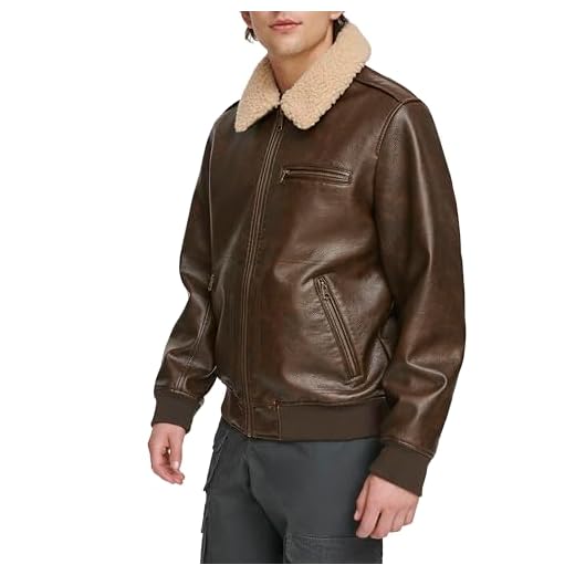 Levi's Jaqueta aviadora masculina de couro sintético com gola sherpa, Marrom, P