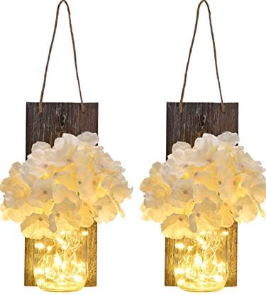 Linkbro Mason Jar Sconce Rustic Home Decor With Timer Function [2 Pack] Smarter Farmhouse Wall Decor For Living Room, Bathroom (2.Gen.), Also As Rustic Sconces, With Fairy Lights And Flowers