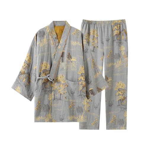 [ケヤカ] 甚平 メンズ じんべい 紳士服 作務衣 長袖 浴衣 綿 ルームウェア 上下セット パジャマ お風呂上り 寝間着 通気 吸汗 部屋着 和風 寝巻き 前開き Vネック ねまき 旅館 ナイトウェア 男性 家着 シンプル 父の日