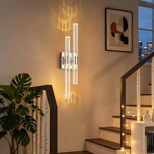 Image of Modern LED Vanity Light Bubble Crystal Sconces Wall Lighting Chrome Wall Sconce Hardwired 21.25in 4000K Vertical and Horizontal Wall Mounted Sconces for Bedroom Living Room Hallway(1-Pack)
