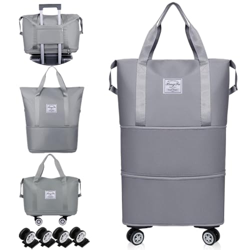 Cnwinu Faltbare Reisetasche mit Rollen, Erweiterbar Handgepäck Tasche, Reisetasche Groß mit Abnehmbar Rollen, Weekender Travel Bag für Damen und Herren, Reisetaschen für Fitnessstudio (Grau)