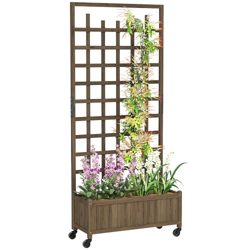 Outsunny Wooden Trellis Planter, Raised Beds for Garden with Wheels and Drainage Holes, Privacy Screen Planter Box to Grow Vegetables, Herbs and Flowers for Garden, Patio, Deck, Brown