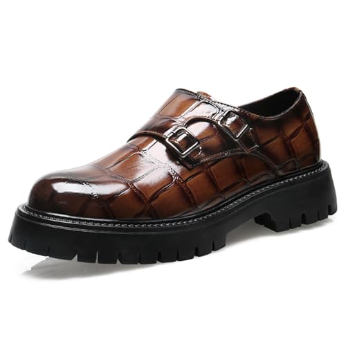 Men's Patent Leather Platform Double-Buckle Loafers Retro Leather Print Round Toe Low-Top Lug Sole Slip-On Business Dress Shoes Suitable for Casual Dating Dances