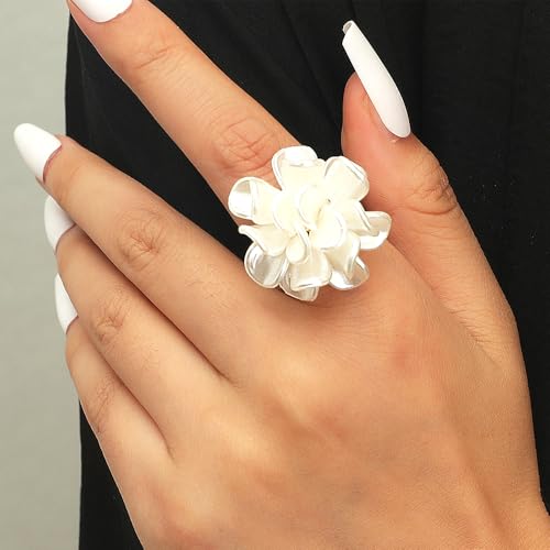 Unique Flower Adjustable Statement Ring for Women,Gold Plated White Camellia Rose Ring,Clear Floral Petal Round Pearl Wedding Promise Finger Ring3