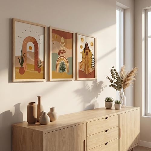 Image of NoWorries Boho Abstract Wall Art Framed Painting Set of 3 | Sun Moon Rainbow Woman Illustration Printswith Frame | Modern Aesthetic Bohemian Wall Decor Frames for Living Room, Bedroom and Office | Neutral Earth Tone Framed Artwork Ready to Hang (Art-3, 13x19inch, Wooden)