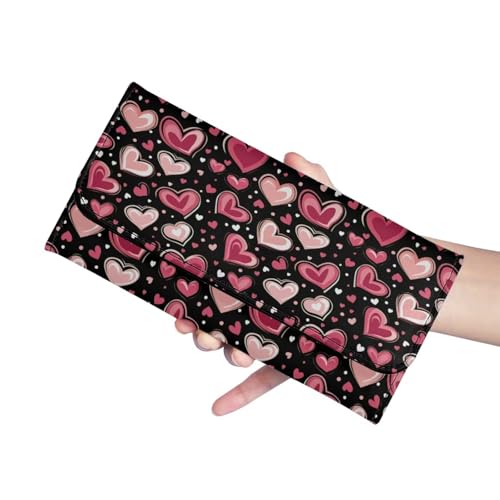Image of AFPANQZ Love Heart Print Women's PU Leather Three Fold Wallet, Long Trifold Clutch Purse, Credit Card Money Organizer with ID Window