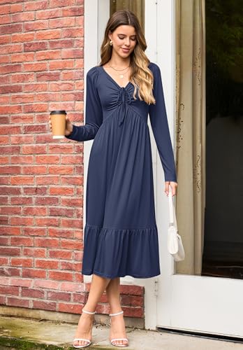AUSELILY Womens Long Sleeve Dress 2025 V Neck Fall Dresses Casual Drawstring Empire Waist Midi Dress4
