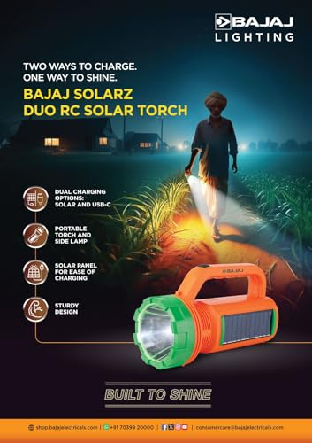 Image of Bajaj Solarz Duo Solar RC Torch, Rechargeable LED Lantern, 400 Lumens, 6500K Cool White, Fast Charging, Multi-Mode, Long-Lasting Lithium-Ion Battery, Emergency Light, (Orange, 610066)