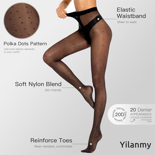 Image of Yilanmy Shiny Polka Dot Patterned Tights for Women Sheer Shimmer Pantyhose 20D High Waist Heart Stockings