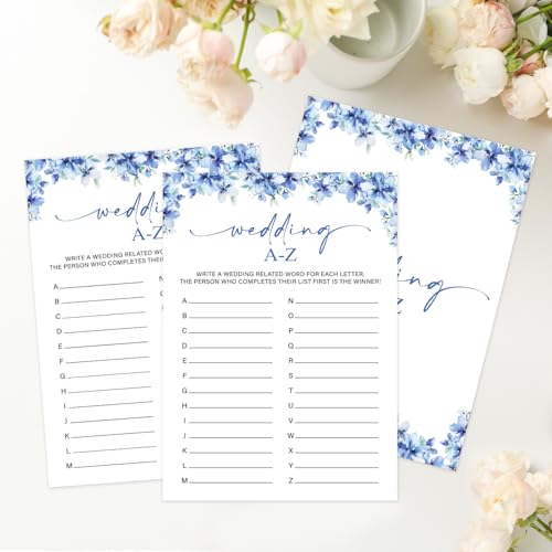 Image of Wedding A-Z Bridal Shower Games, 25 Blue Floral Bridal Shower Game Cards Set, Engagement Party Game for Guests, Wedding Games for Reception, Minimalist Marriage Party Supplies-04