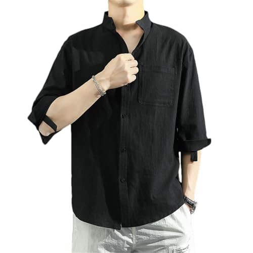 Chemise homme coton et lin à manches 3/4 et col japonais montant