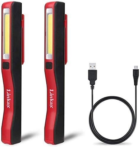 Linkax COB LED Inspection Lamp Torch Rechargeable LED Work Light LED Flashlight Pocket Torch Camping Light with Magnetic Clip for Workshop Auto Emergency Use (Red, 2PCS)