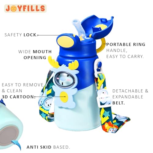 Image of JOYFIILS 2 in 1 Kids Sipper Cum Water Bottle with Cup - Stainless Steel Sipper Water Bottle for School, Play & Travel - Leak-Proof, BPA-Free- Sipper for Girls, Boys, Toddlers - 500 ML - Blue Deer