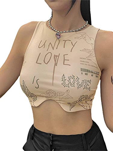 Women Sexy Printed Crop Tank Top Y2k Graphic Cami Skinny Crew Neck Sleeveless Vest, E-Girl Clothing for Teen Girls (F-Unity Love, S)