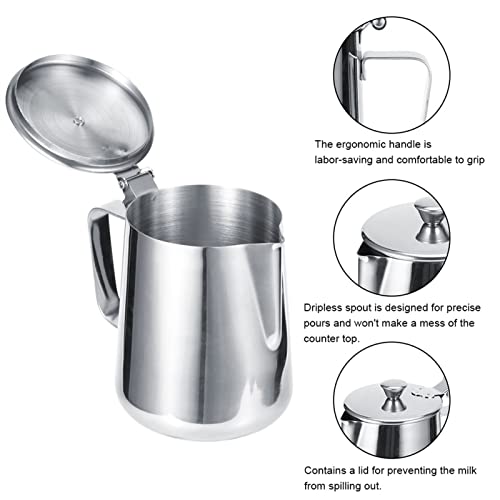 Dzbanek do spieniania mleka ze stali nierdzewnej, 600 ml/1000 ml, pogrubiony dzbanek latte art z pokrywką, do sosu kawowego, sosu, narzędzie dla baristy, idealny do użytku domowego i kawiarni