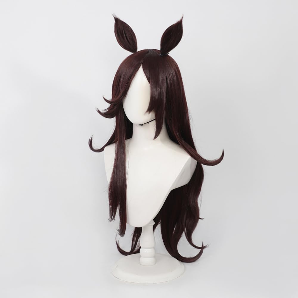Game Cosplay Wig with Ears Tail Dark Brown Long Straight Synthetic Fiber Wig for Halloween Party
