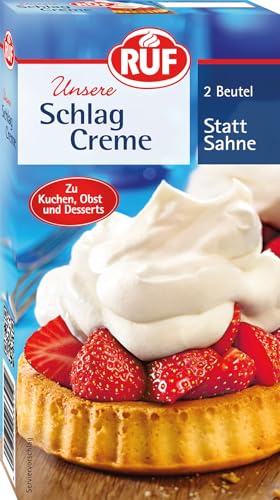 RUF Schlag-Creme, vegetarischer Sahne-Ersatz mit pflanzlichem Öl, fettarme Sahne-Alternative für Erdbeer-Kuchen, Torten, Waffeln, Eis, glutenfrei, 2 x 40g