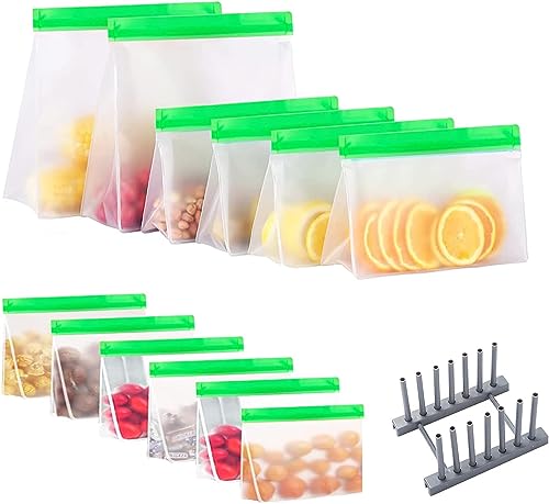 HOMEREVEL Paquete de 20 bolsas reutilizables Ziplock para congelador (1 bolsa grande de alimentos, 2 bolsas de almuerzo, 5 bolsas de sándwich, 5 bolsas de aperitivos, 7 bolsas de dulces y 1 estante