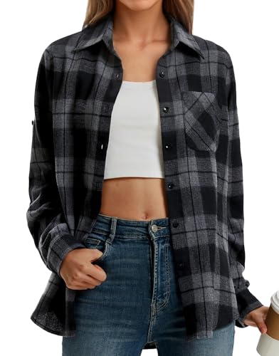 Stamain Kariertes Hemd Damen Casual Karohemd Langarm Cowgirl Flanellhemd mit Tasche Regular Fit Schwarz Grau L
