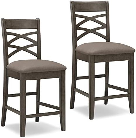 Leick Wood Double Cross Back Counter Height Barstool, Greystone Finish, Moss Heather Seat, Set of 2