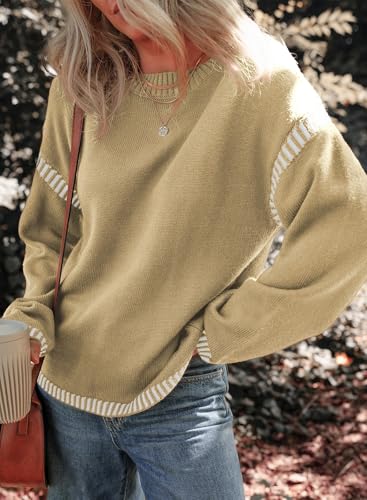 Image of Dokotoo Sweaters for Women Fashion Solid Crewneck Loose Fit Long Sleeve Contrast Cable Knit Pullover Sweater Jumper Tops