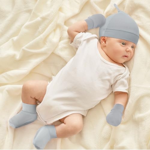 Image of Toulite 10 Set Newborn Baby Socks Hat and Mittens Soft Ankle Sock Newborn Beanie Mitten for Boys Girls 0-6 Month Infant